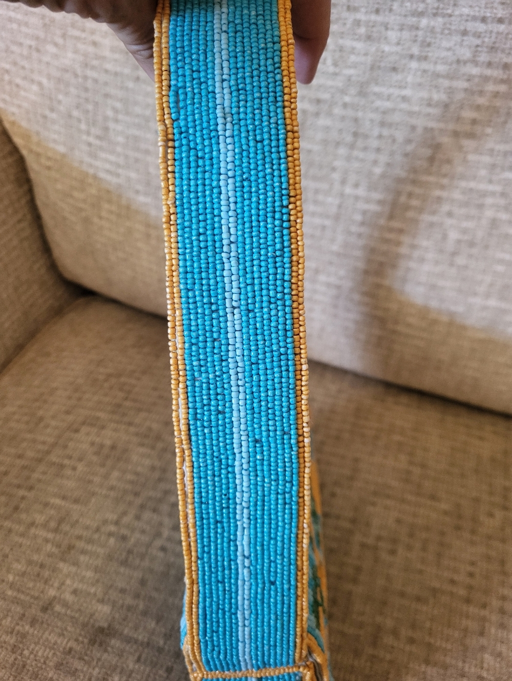 Hand-Beaded Blue & Gold Striped Lemon Motif Shoulder Bag. - Picture 13 of 16